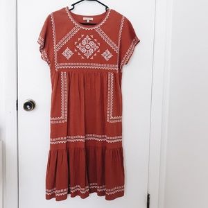 Rust orange embroidered boho midi dress NWOT